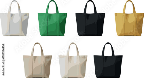 Vector Set of Stylish Tote Bags in Multiple Colors, Featuring Elegant Handbags for Fashion, Accessories, and Shopping Purpose