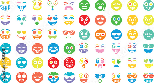 colorful emoticon faces with various expressions on white background