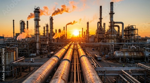 Industrial oil refinery with extensive pipelines against a beautiful sunset sky, emitting smoke and illustrating global energy production