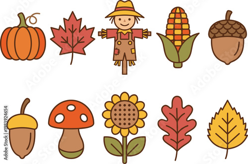 Illustration of Colorful autumn harvest icons featuring pumpkin scarecrow corn acorn and mushrooms