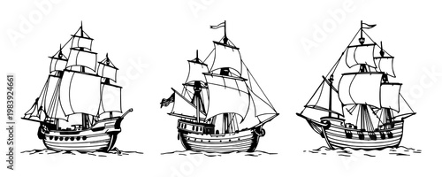 Vintage sailing ship set with sketchy black line art design featuring a galleon, full sails, mast with rigging and historical vessel