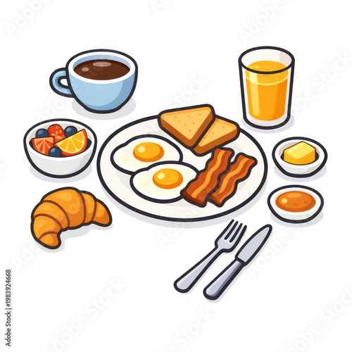 A complete morning breakfast set with eggs, bacon, toast, coffee, fruit, and orange juice in pixel art