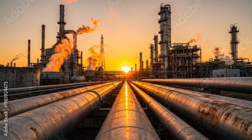 Sunset illuminates an industrial oil refinery with a network of pipelines and smoke rising from stacks, symbolizing energy infrastructure