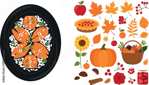 Vector Set of Autumn and Fall-Themed Food, Decor, and Nature Elements, Featuring Salmon Sushi, Pumpkin, Apples, Sunflowers, and Harvest Basket