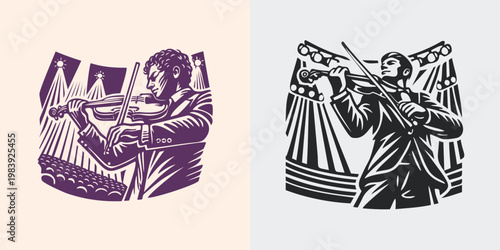 Violinist Musician Performance Linocut Style Illustration