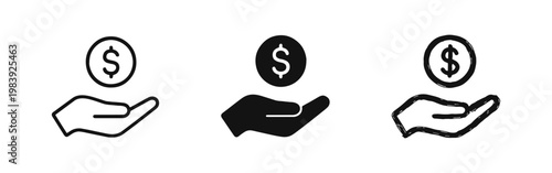 Donation and payment icons showing a hand holding a dollar coin in three styles.