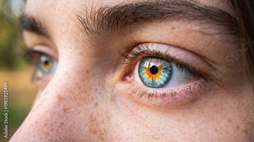 Detailed Close-up of a Person's Blue and Orange Iris, Highlighting Speckles and Eyelashes