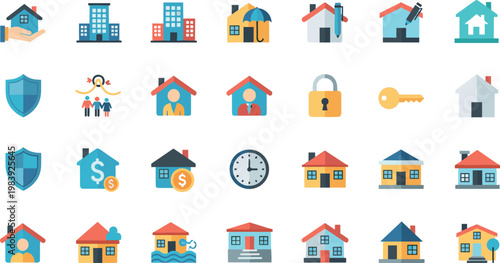 Flat Icon Set of Real Estate, Home Security, Property Management, and Family Housing, Featuring Buildings, Keys, Locks, and Financial Elements for Digital Projects