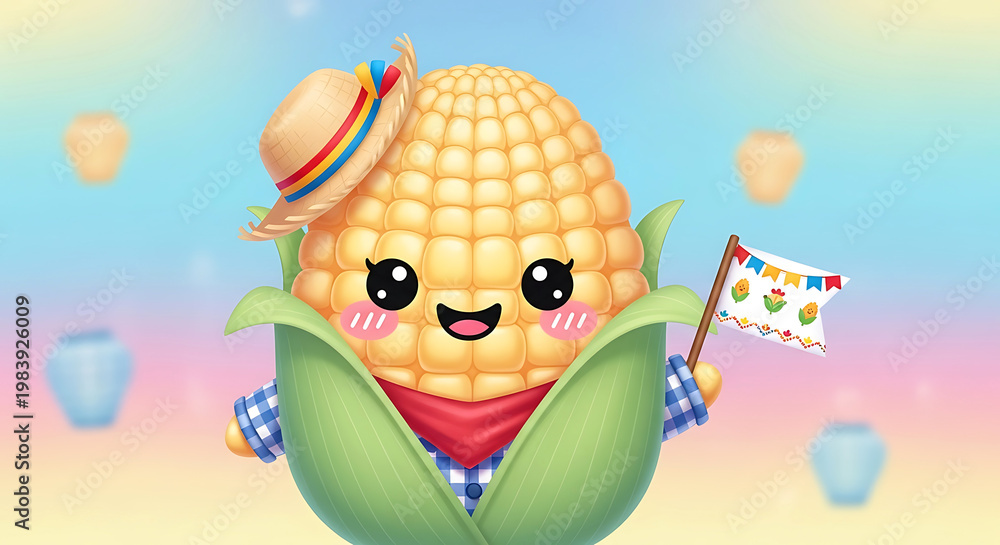 Fototapeta premium Cute corn character holding flag festa junina pastel background