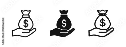 Financial success and charity icons of a hand holding a money bag with dollar sign.