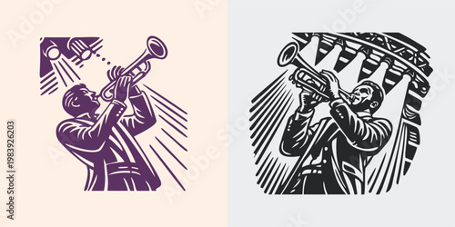 Trumpet Player Jazz Musician Performance Linocut Art