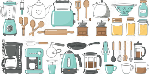 Kitchen appliances and utensils collection with coffee maker blender kettle cookware and cooking tools flat vector illustration set