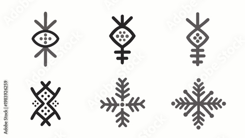 Abstract geometric tribal symbols set. Hand-drawn vector illustration of ancient North African ethnic patterns and cultural motifs, isolated on white.