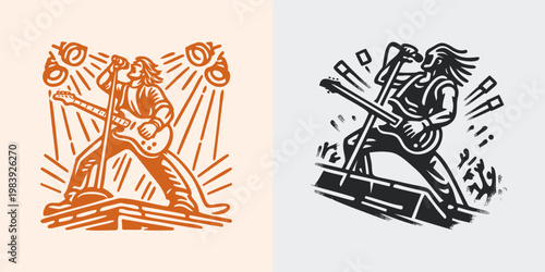 Rock Star Singer Performance Woodcut Illustration