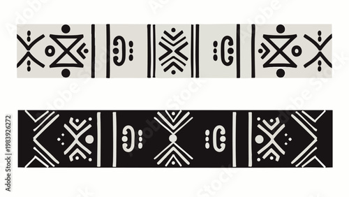 Abstract black and white tribal geometric seamless pattern borders, ethnic decorative design elements, traditional African textile art graphics, modern.