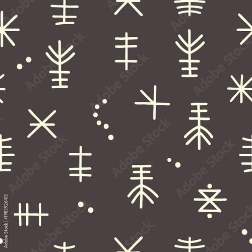 Seamless pattern with abstract hand-drawn white symbols on a dark background, resembling ancient runes or tribal markings. Minimalist bohemian design element.