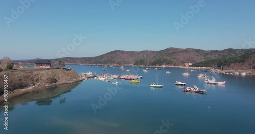 Aerial Drone Footage of Peaceful Ocheon Port and Chungcheong Suyeongseong Fortress, Boryeong, South Korea