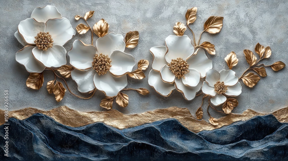 Fototapeta premium Serene elegant relief of large white flowers with gold leaves above textured blue waves on a gray background