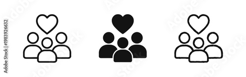 Team love and community support icons showing a group of people with a heart.