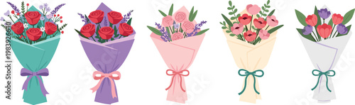 Beautiful flower bouquet collection with wrapped roses and mixed blossoms floral arrangements decorative vector illustration set