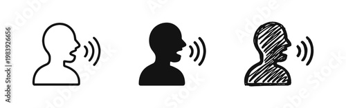 Communication and voice command icons showing a person profile speaking in three styles.