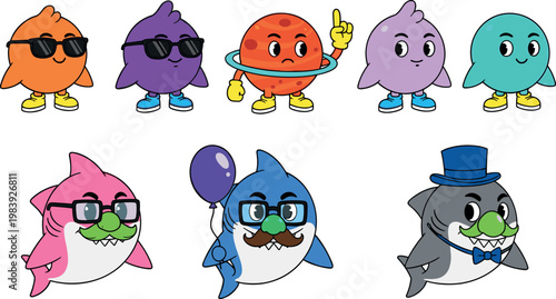 Cute cartoon shark and blob characters collection with funny costumes accessories and colorful mascots playful vector illustration set