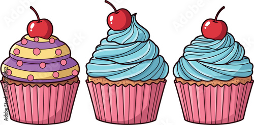 Colorful cupcakes collection with creamy frosting swirls sprinkles and cherry toppings sweet bakery dessert vector illustration set