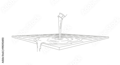 Minimalist Line Art Illustration of Self-Leveling Epoxy Resin Pouring onto a Gridded Industrial Floor Surface
