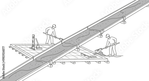 Construction Workers Pouring Concrete into Foundations with Chute System, Minimalist Line Art Illustration