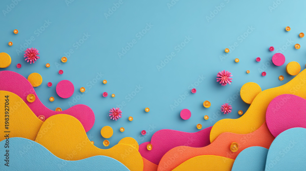 Fototapeta premium Bright abstract landscape with layered wavy shapes and floral elements in bold pink and yellow tones, playful modern design background.