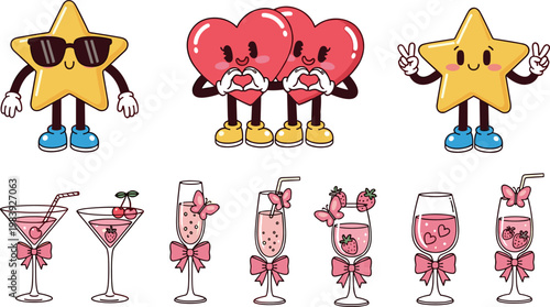 Cute cartoon love elements collection with star character hearts and decorated drinks glasses romantic vector illustration set