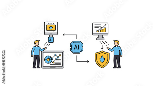 Technical professionals utilizing artificial intelligence to analyze data charts and enhance digital security systems on multiple screens.