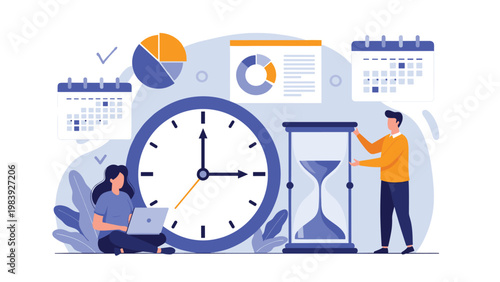 Corporate employees managing their schedules and deadlines effectively with large symbolic timepieces and calendars.