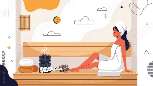 Young woman enjoying a serene and detoxifying wellness session while sitting inside a traditional wooden sauna room.