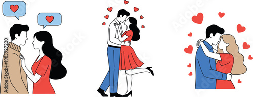 Romantic couples in love collection with hugging kissing and chatting scenes featuring heart symbols flat vector illustration set