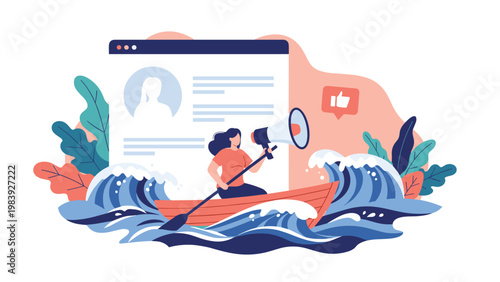 Creative marketing professional using a megaphone to promote a brand while navigating through challenging digital business waves.