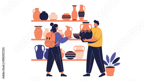 Customers exploring a wide selection of handmade ceramic pottery displayed on wooden shelves in an artisanal boutique.