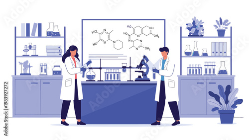 Dedicated research scientists conducting chemical experiments and analyzing formulas in a modern laboratory setting.