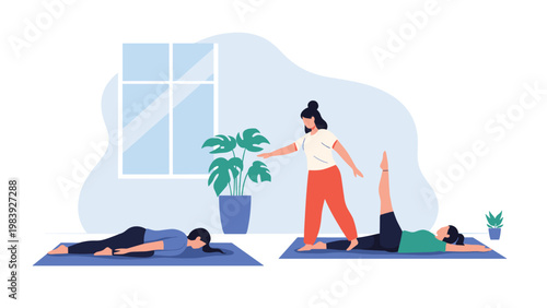 Fitness instructor guiding a student through various yoga poses in a bright and tranquil indoor exercise studio.