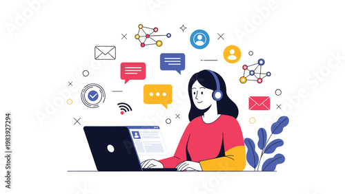 Customer support specialist wearing a headset and working on a laptop while managing multiple digital communication channels.