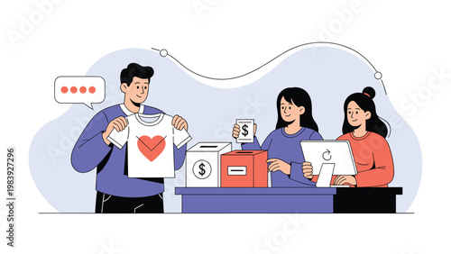 Kind volunteers and community members participating in a charity event by donating clothing and financial support.