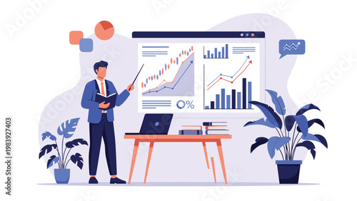 Financial expert giving a detailed presentation on market trends and business performance metrics in a professional setting.