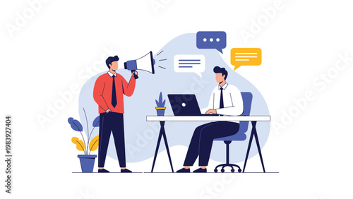 Energetic manager using a megaphone to deliver urgent announcements or motivation to a focused office worker.