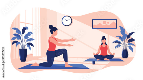 Two women practicing yoga and meditation in a peaceful indoor studio filled with natural light and house plants.