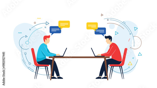 Two creative professionals working collaboratively on their laptops while seated at a modern office meeting table.