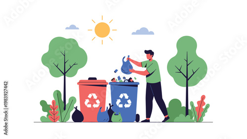 Environmentally conscious man sorting different types of waste into colorful recycling bins during a sunny day in a park.