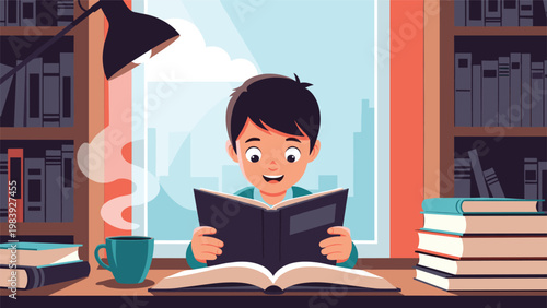 Young boy deeply engrossed in reading an interesting and educational book while sitting at a table in a cozy sunlit library.