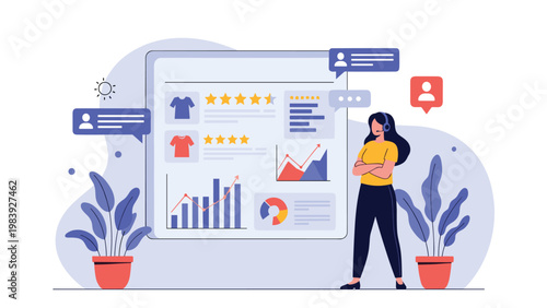 Customer service representative stands by a digital dashboard featuring product reviews, ratings, and business growth analytics.