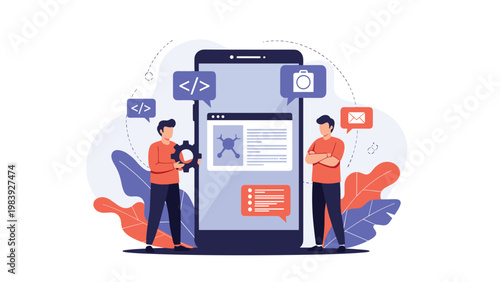 Mobile application developers stand next to a giant smartphone featuring code snippets, media icons, and communication alerts.