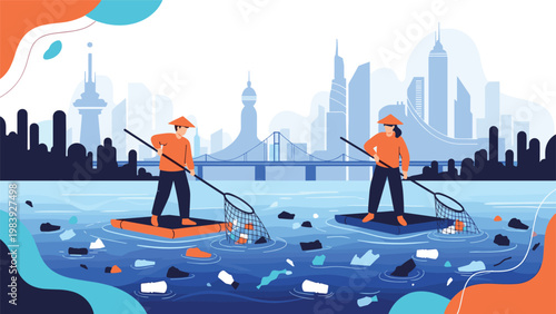 Environmental activists on rafts use nets to clean up plastic bottles and waste from a river with a city skyline in the distance.